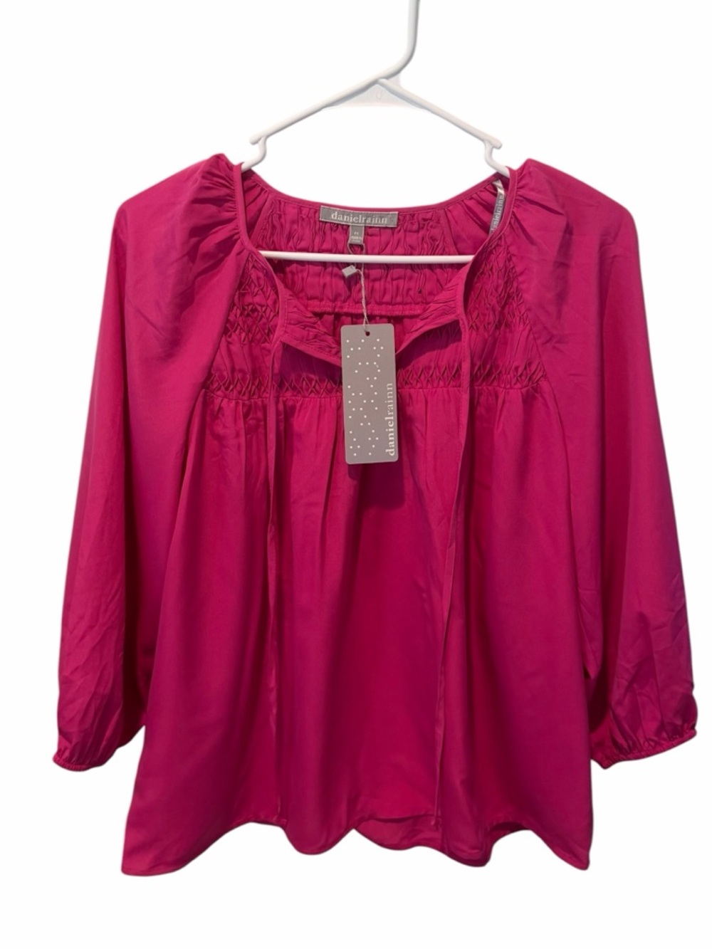 Daniel Rainn Fuchsia Peasant Blouse Smocked Yoke 3/4 Sleeve Petite Small NWT